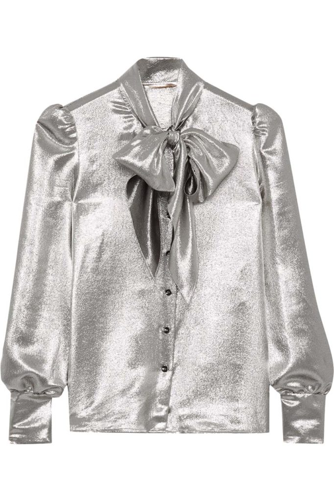 Saint Laurent Pussy-Bow Silk-Blend Lamé Blouse_1