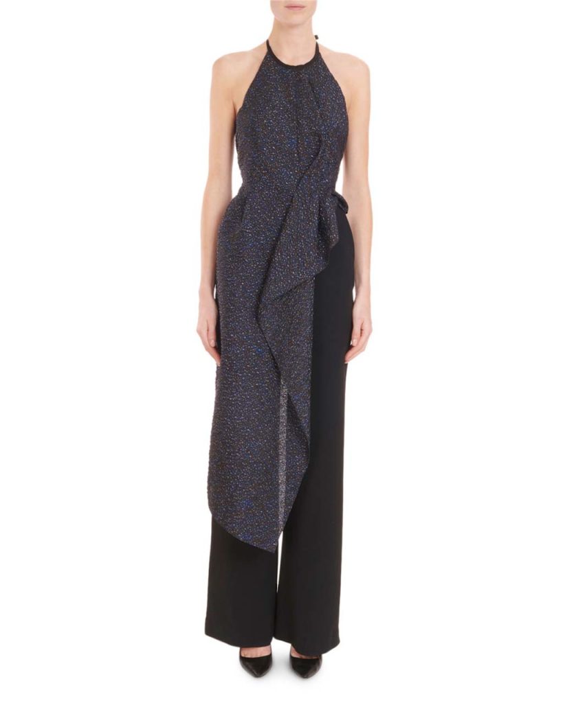 Roland Mouret Sleeveless Halter Drape-Front Metallic-Jacquard Wide-Leg Jumpsuit
