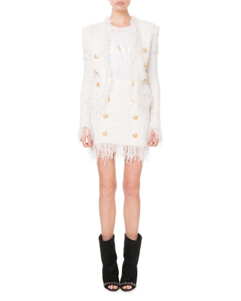 Balmain Fringe-Trim Tweed Jacket & High-Waist Tweed Golden-Button Miniskirt