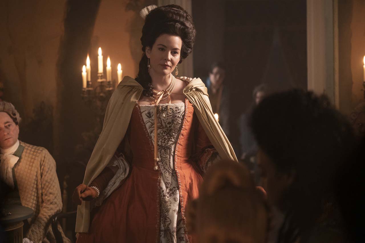HARLOTS -- Set against the backdrop of 18th century Georgian London, Harlots continues to follow the fortunes of the Wells family. Set a year after the dramatic events of Season 2, Margaret (Samantha Morton) has been sent to America in chains and Lydia Quigley (Lesley Manville) is vanquished and in Bedlam. It seems that the Wells girls can finally free themselves of their mother’s feud, helped by allies such as Lady Fitz (Liv Tyler). But Charlotte Wells (Jessica Brown-Findlay) soon learns that running a lucrative brothel brings enemies as well as friends, including new pimp in town Isaac Pincher (Alfie Allen). Meanwhile Lydia still finds a way to bite, even in her darkest hour. Lady Isabella Fitzwilliam (Liv Tyler), shown. (Photo by: Liam Daniel/Hulu)